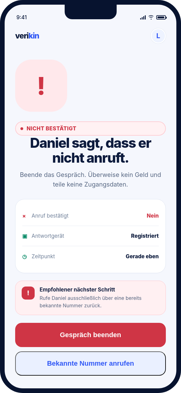 Verikin App: Warnung bei nicht bestätigtem Anruf